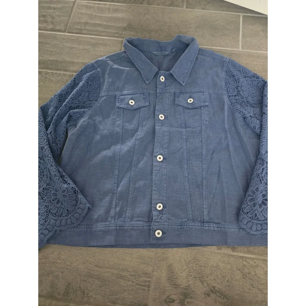 Soft Surroundings Blue Linen Blend Jacket Crochet Lace Sleeve XL 2GC90